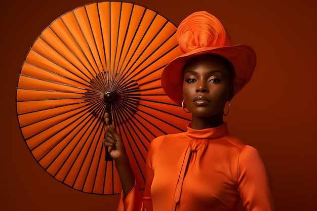 Promienna elegancja Piękna Afrykanka zdobi scenę za pomocą ręcznego wentylatora