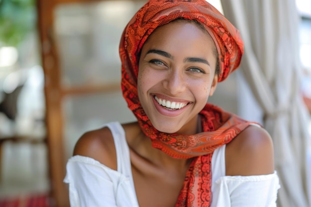 Promienna kobieta z ciepłym uśmiechem emanuje szczęściem, nosząc żywą czerwoną chustę na głowie