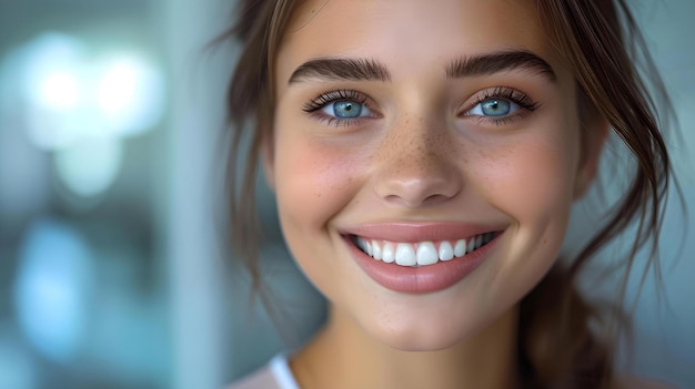 Promienna młoda kobieta uśmiechająca się z jasnoniebieskimi oczami świeży, żywy portret kobiecego piękna AI