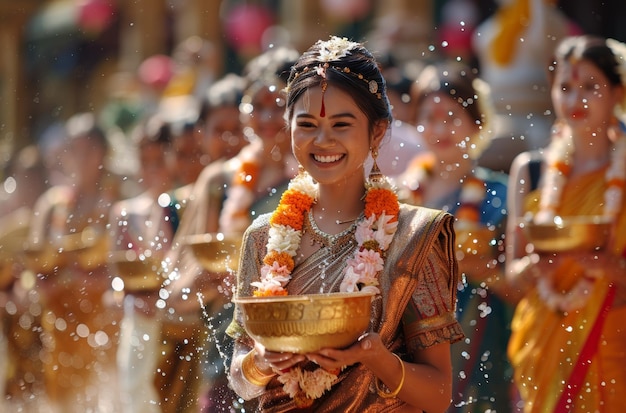 Promienna młoda kobieta w ozdobnych tradycyjnych strojach uczestnicząca w festiwalu Songkran