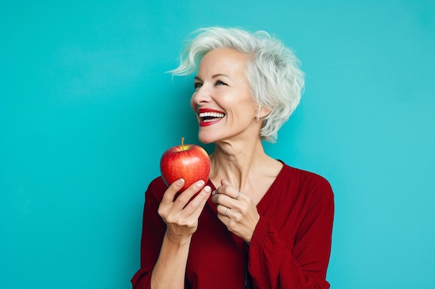 Promienna starsza dama uśmiecha się trzymając jabłko na niebieskim tle generowanym przez sztuczną inteligencję