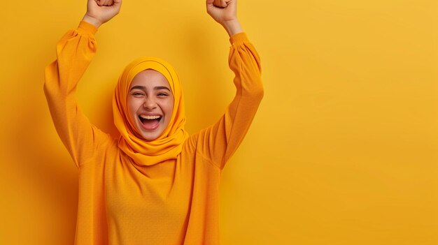 Promiennie uśmiechnięta, radosna kobieta w islamskim Thobe, odizolowana na stałym tle z przestrzenią do kopiowania