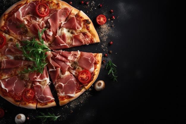 Prosciutto i przyprawione plasterki pizzy na czarnym tle