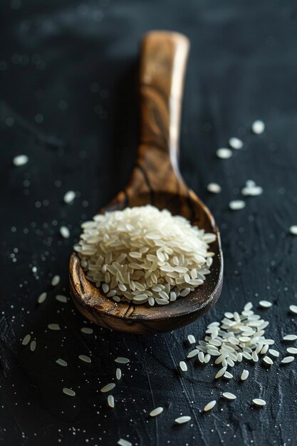 Prosta, ale elegancka kompozycja drewnianej łyżki wypełnionej surowymi białymi ziarnami ryżu