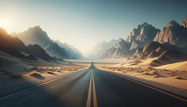 Prosta droga prowadząca przez rozległą pustynię z wydmami piaskowymi i nierównymi górami pod czystym niebem symbolizująca przygodę lub podróż Generatywna sztuczna inteligencja