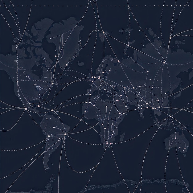 Prosta i elegancka mapa świata z podkreślonymi trasami podróży idealna dla agencji turystycznych i globalnych usług rezerwacyjnych Generatywna sztuczna inteligencja