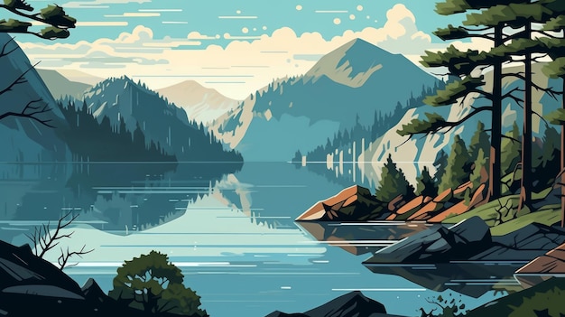 Zdjęcie prosta ilustracja sceny fiordu z górami i jeziorem