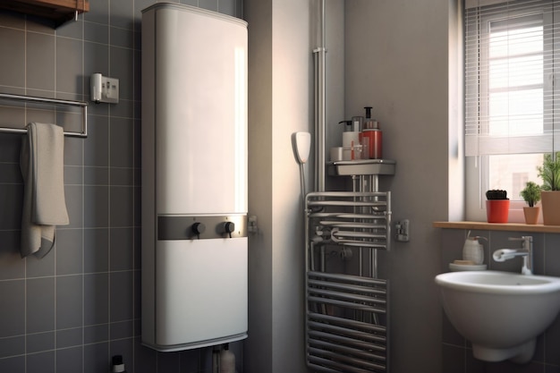 Zdjęcie prosta łazienka z umywalką i grzejnikiem wody to zdjęcie może być użyte do pokazania wyposażenia i akcesoriów łazienki lub do zilustrowania pojęć związanych z instalacjami hydraulicznymi i udoskonaleniem domu