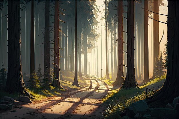 Prosta leśna panorama z pojedynczą ścieżką i światłem świecącym przez drzewa