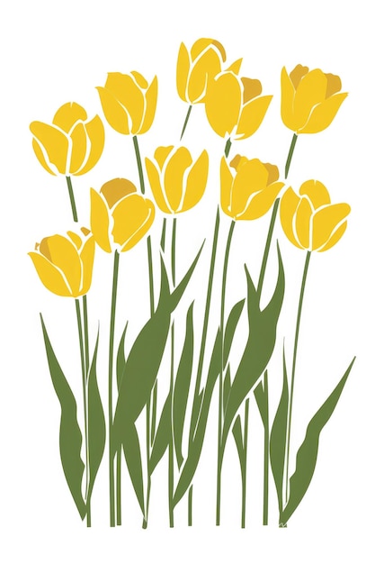 Prosta minimalistyczna ilustracja żółtych tulipanów z zielonymi liśćmi na białym tle