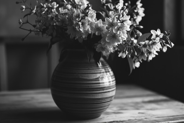 Zdjęcie proste, ale eleganckie czarno-białe zdjęcie kwiatów w wazonie idealne do dodania natury do dowolnej przestrzeni