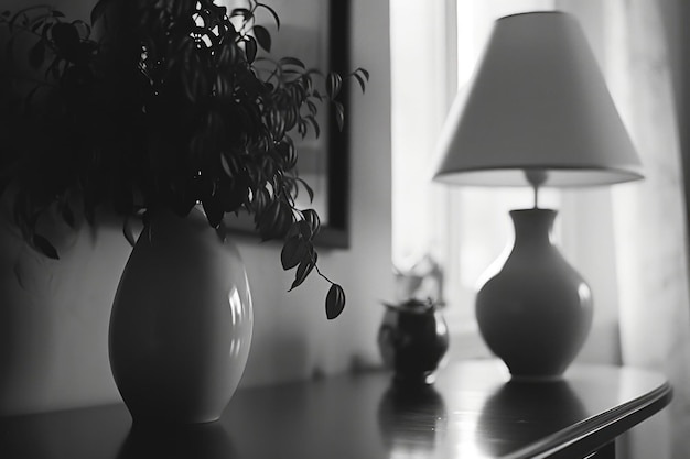 Zdjęcie proste i eleganckie czarno-białe zdjęcie z lampą i wazonem ten wszechstronny obraz może być używany do dodania dotyku wyrafinowania do każdego projektu