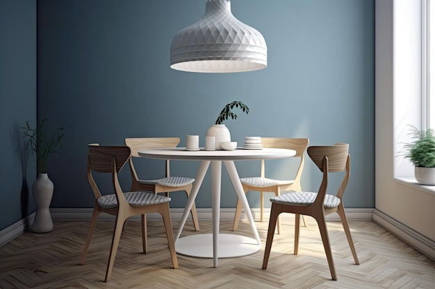 Proste i przytulne wnętrze z drewnianym stołem, krzesłami i zieloną rośliną doniczkową Generative AI