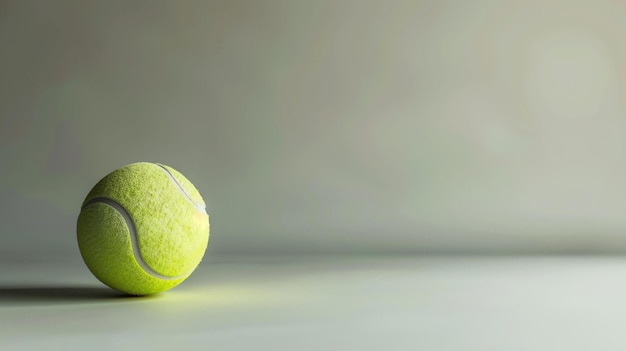 Proste przedstawienie pojedynczej zielonej piłki tenisowej siedzącej na bladozielonej powierzchni Piłka jest lekko zakręcona w prawo od ramy