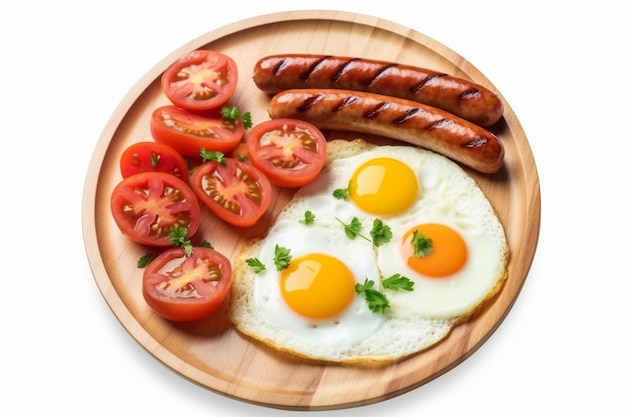 Zdjęcie proste śniadanie w stylu amerykańskim z kiełbaskami, jajecznicą, fasolką po bretońsku, grzybami i generatywną sztuczną inteligencją