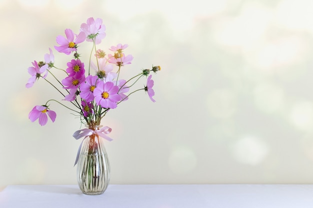 Proste tło z różowym polu Chryzantema kwiaty w szklanym wazonie. Zdjęcie z kopii pustą przestrzenią.