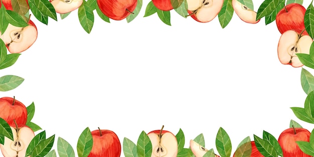 Zdjęcie prostokątna ramka wykonana z owoców, akwarelowych elementów, czerwonego jabłka i pół jabłka z soczystemi nasionami.