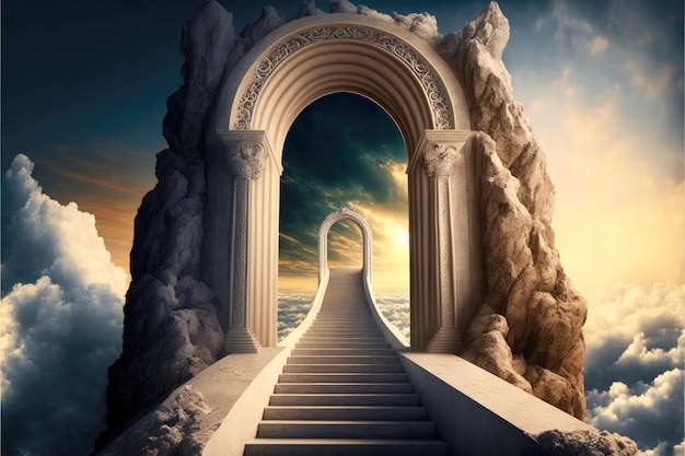 Prostokątne wejście łukowe do schodów innego świata do nieba