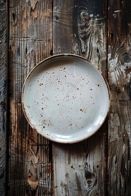 Zdjęcie prosty biały talerz na rustykalnym drewnianym stole nadaje się do kuchni i jadalni