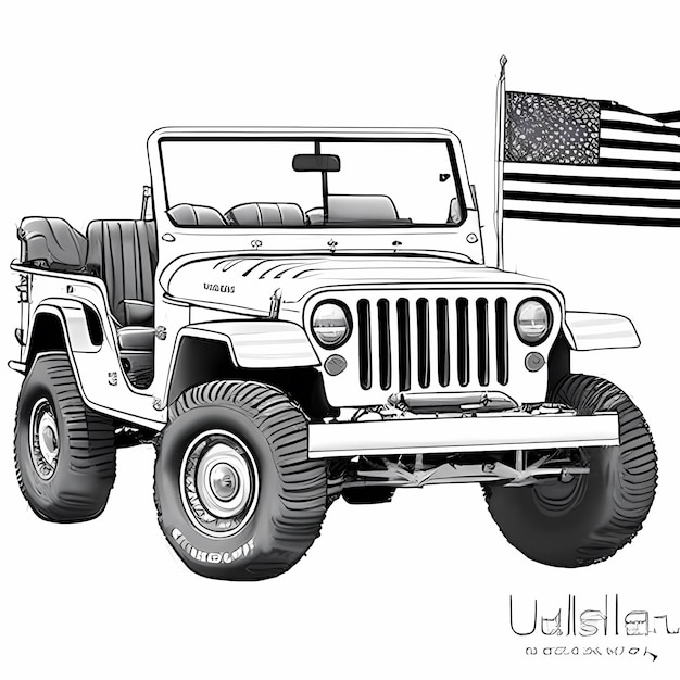 prosty czarno-biały stary dżip z amerykańską flagą na nim linia sztuki kolorowania