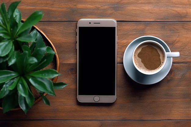 Prosty elegancki smartfon na drewnianym stole z doniczką kwiatową i kubkiem do kawy generatywny AI