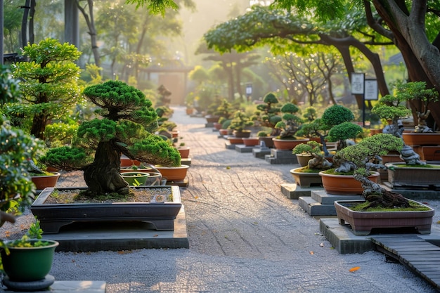 Zdjęcie prosty, jednolity rząd małych drzew bonsai porządnie ułożonych w parku scena parku z aleją z pięknie przyciętymi drzewami bonsai