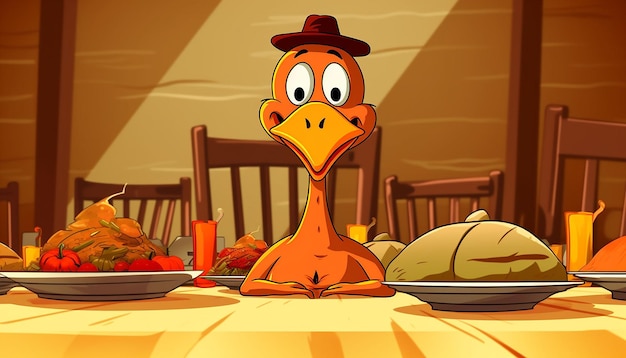 Zdjęcie prosty, uroczy rysunek przedstawiający indyka siedzącego na kolacji z okazji święta dziękczynienia
