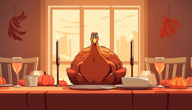 prosty, uroczy rysunek przedstawiający indyka siedzącego na kolacji z okazji Święta Dziękczynienia
