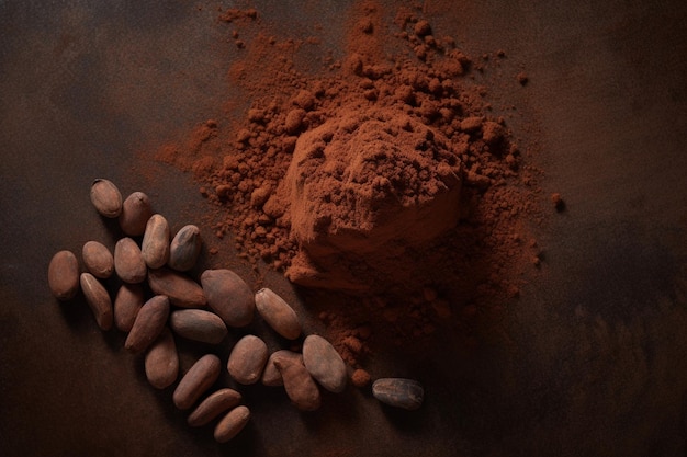 Proszek kakaowy z ziarnami kakaowymi wystrzelonymi z góry