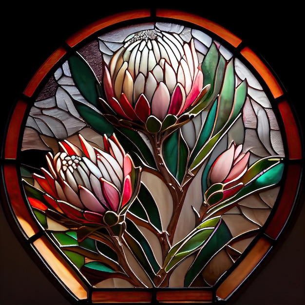 Protea Flower African Protea Witraż imitacja abstrakcyjnej generatywnej ilustracji AI