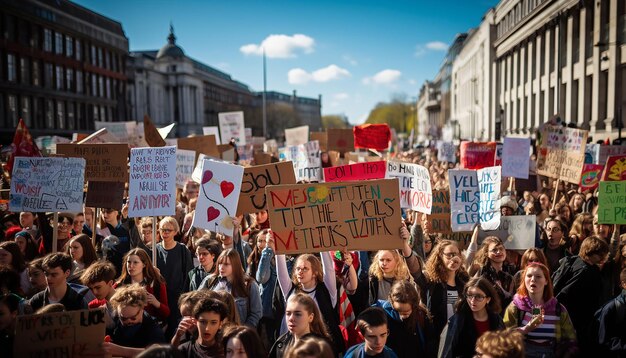 Zdjęcie protest środowiskowy skupiający się na aktywistach i transparentach wzywających do działania w sprawie zmian klimatu