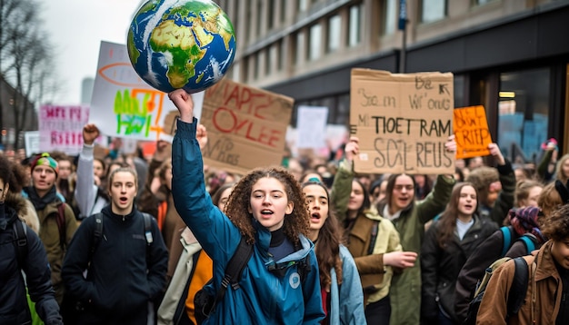 Zdjęcie protest środowiskowy skupiający się na aktywistach i transparentach wzywających do działania w sprawie zmian klimatu