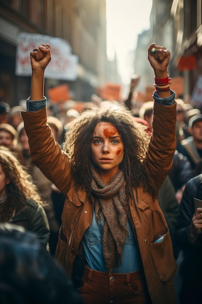 Zdjęcie protestująca kobieta z kręconymi włosami podnosi rękę w tłumie