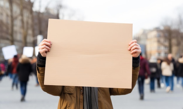 Protestujący działacz polityczny trzymający pusty transparent z tabliczką podczas protestu