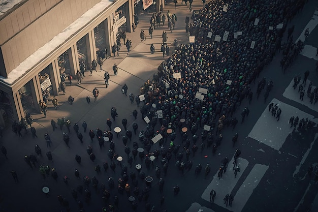 Protestujący ludzie maszerujący na widok miasta z lotu ptaka Aktywiści protestu Utworzono za pomocą Generative AI