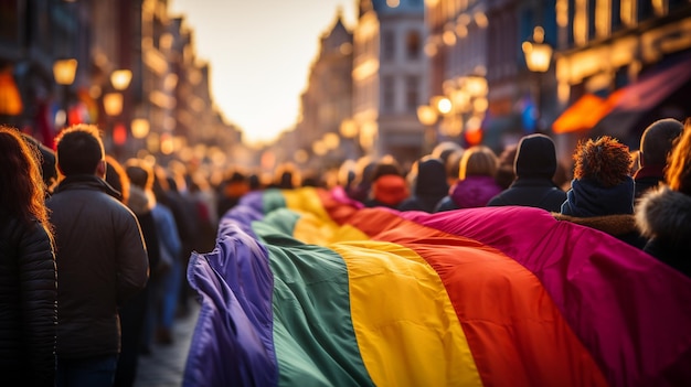 protestujący trzymający flagę w kolorze tęczy