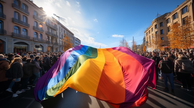 protestujący trzymający flagę w kolorze tęczy