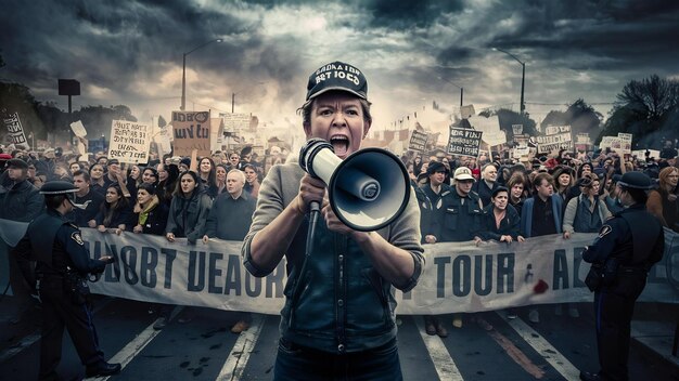 Protestujący z megafonem na demonstracji