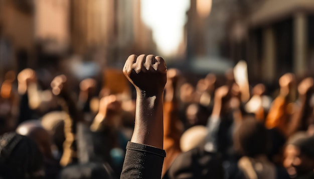 Protesty w Izraelu Ludzie stojący na ulicy z podniesionymi pięściami