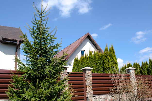 Prywatny podmiejski dom z podwórkiem za wysokim ogrodzeniem piękny krajobraz rekreacyjny kompleks domków w ekologicznym otoczeniu z zielonym żywopłotem thuja Nowoczesna architektura bogactwo i luksusowa koncepcja