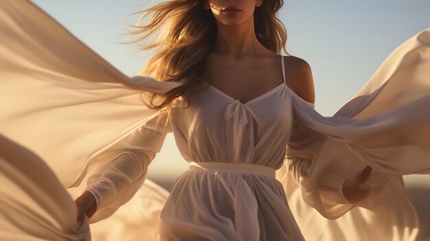 Zdjęcie przechadzając się po pustyni kobieta w długiej białej sukience płynie w wietrze generatywna sztuczna inteligencja