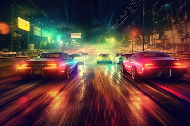 Przeciągnij tylne światła samochodów wyścigowych, opuszczając linię startu utworzoną za pomocą generatywnej sztucznej inteligencji