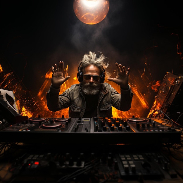 Zdjęcie przed dj grający muzykę z rękami w powietrzu ciemny motyw neonowe światła ultra realistyczne szczegóły.