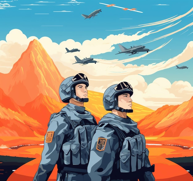 przed górską generatywną sztuczną inteligencją stoi dwóch mężczyzn w mundurach wojskowych