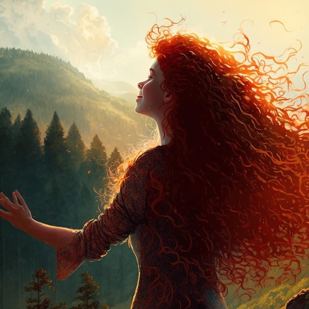 przed górską generatywną sztuczną inteligencją stoi kobieta z długimi rudymi włosami