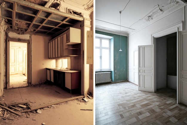 Przed i po renowacji lub remoncie Odkrywanie koncepcji renowacji mieszkania Generacyjna sztuczna inteligencja