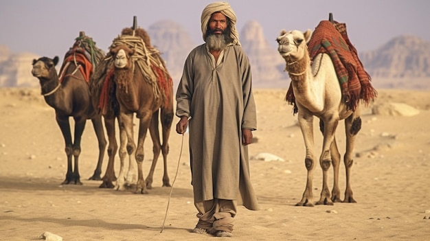 Przed piramidami i Sfinksem w Gizie stoją Beduini z wielbłądami GENERUJ AI