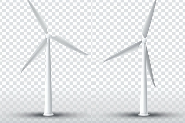 Przedni i boczny widok turbin wiatrowych, młynów wiatrowych i generatorów energii elektrycznej do wytwarzania alternatywnej energii ekologicznej Realistyczna nowoczesna maketa 3D izolowana na przezroczystym tle