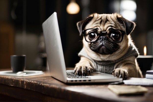 Przedni portret uroczego szczeniaka z okularami pracującymi na laptopie