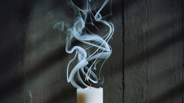 Przedni widok białego dymu z bezogniowej świecy na ciemnej ścianie